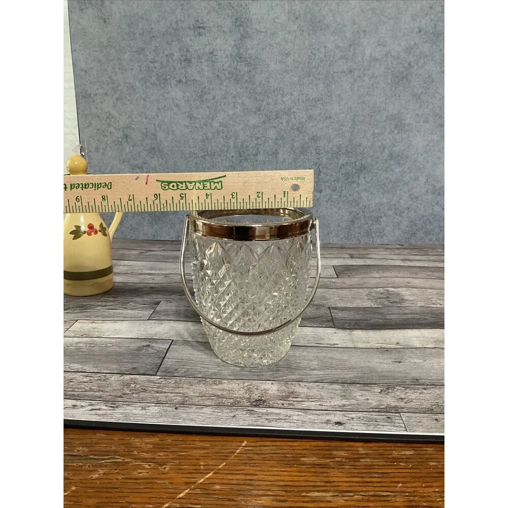 Mid Century.6” x 4.75 Cut Glass Ice Bucket w/ Silver Tone Handle Diamond Pattern